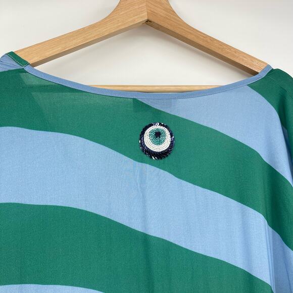 Haremlique a la Mer | Oblique Blue Green Evil Eye Striped Kaftan Maxi Coverup M - Picture 8 of 14